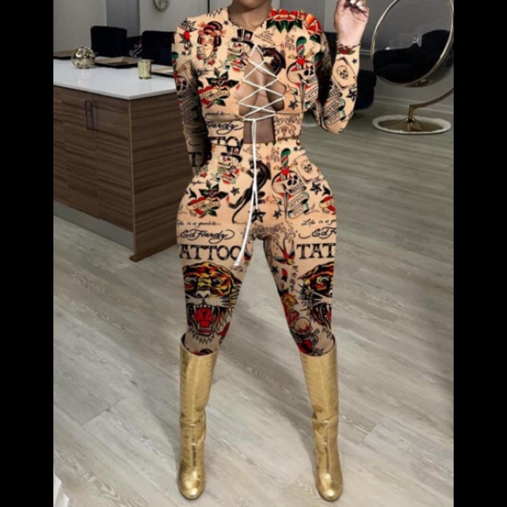 Tattooed Open Front W/Lace Up Long Sleeve Crop Top & Matching Leggings 2 Pc set